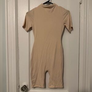 Naked Wardrobe Cream Bodysuit Size Small Short Sleeve Thigh Shorts One Piece NEW
